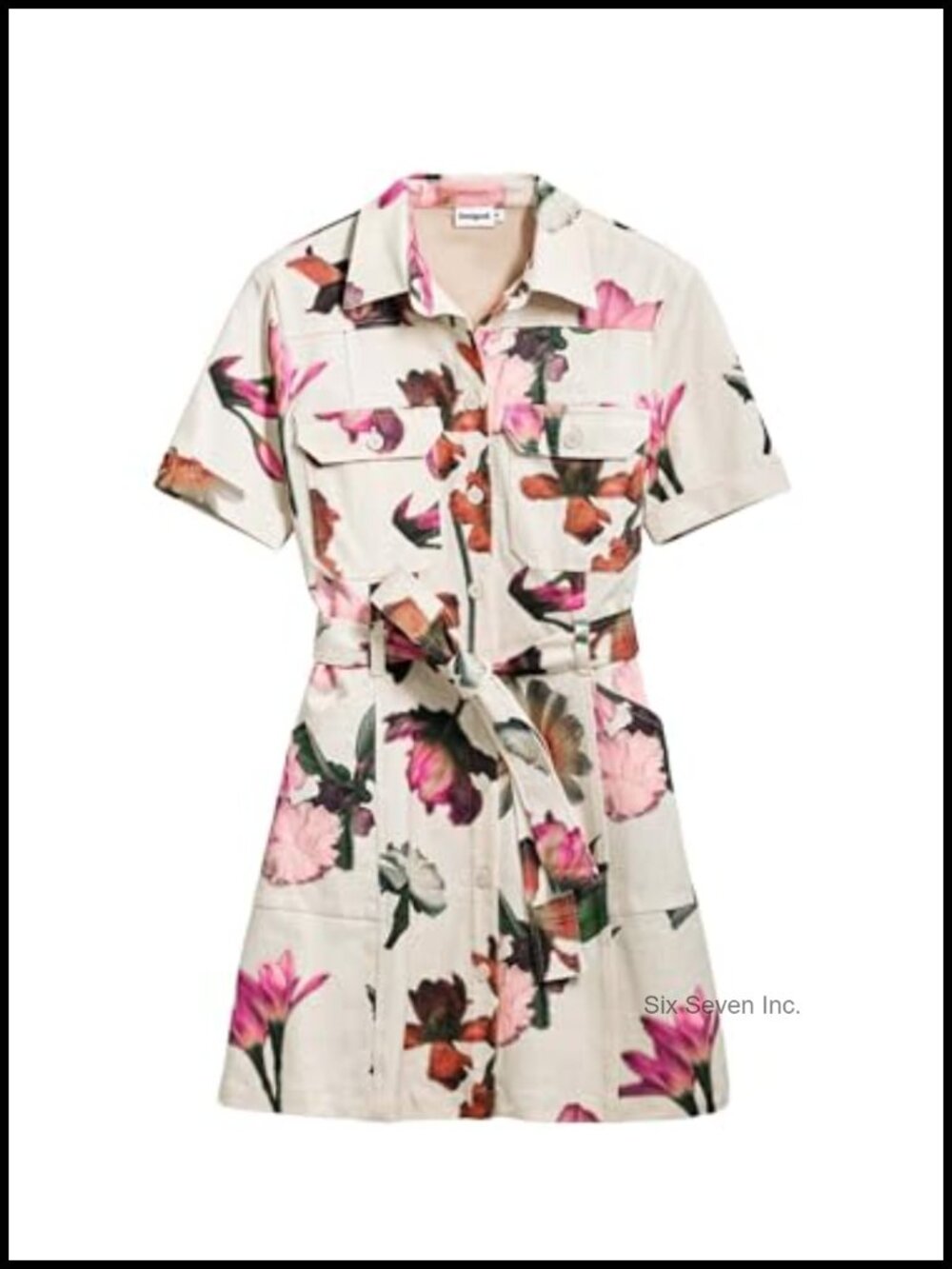 Women's Cotton Utility Shirt Dress with Belt, Short Sleeve